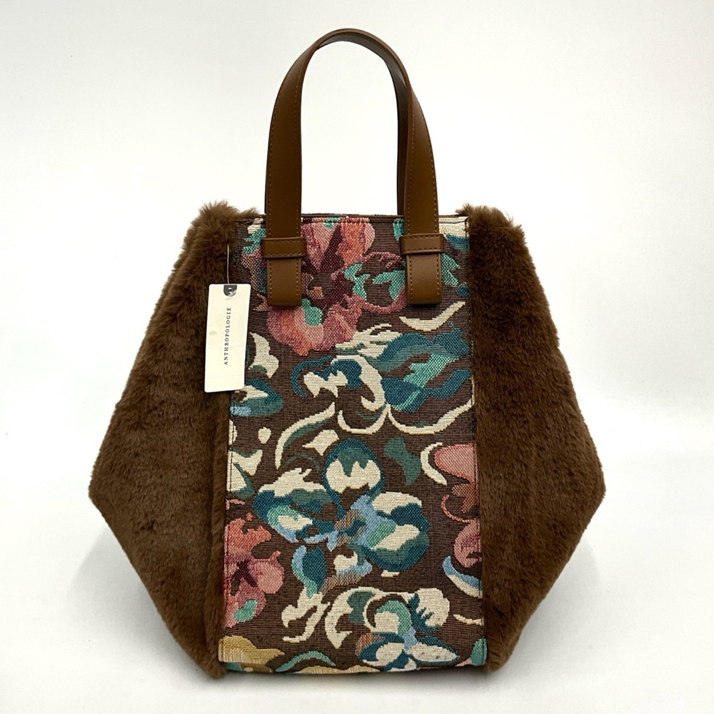 NWT Anthropologie Anthro Textured Tapestry Faux Fur Tote Eclectic Statement Bag